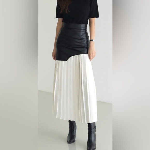 Commense Dresses & Skirts - 467. Commense Asymmetric Patchwork Faux Leather Chiffon Pleated Maxi Skirt M